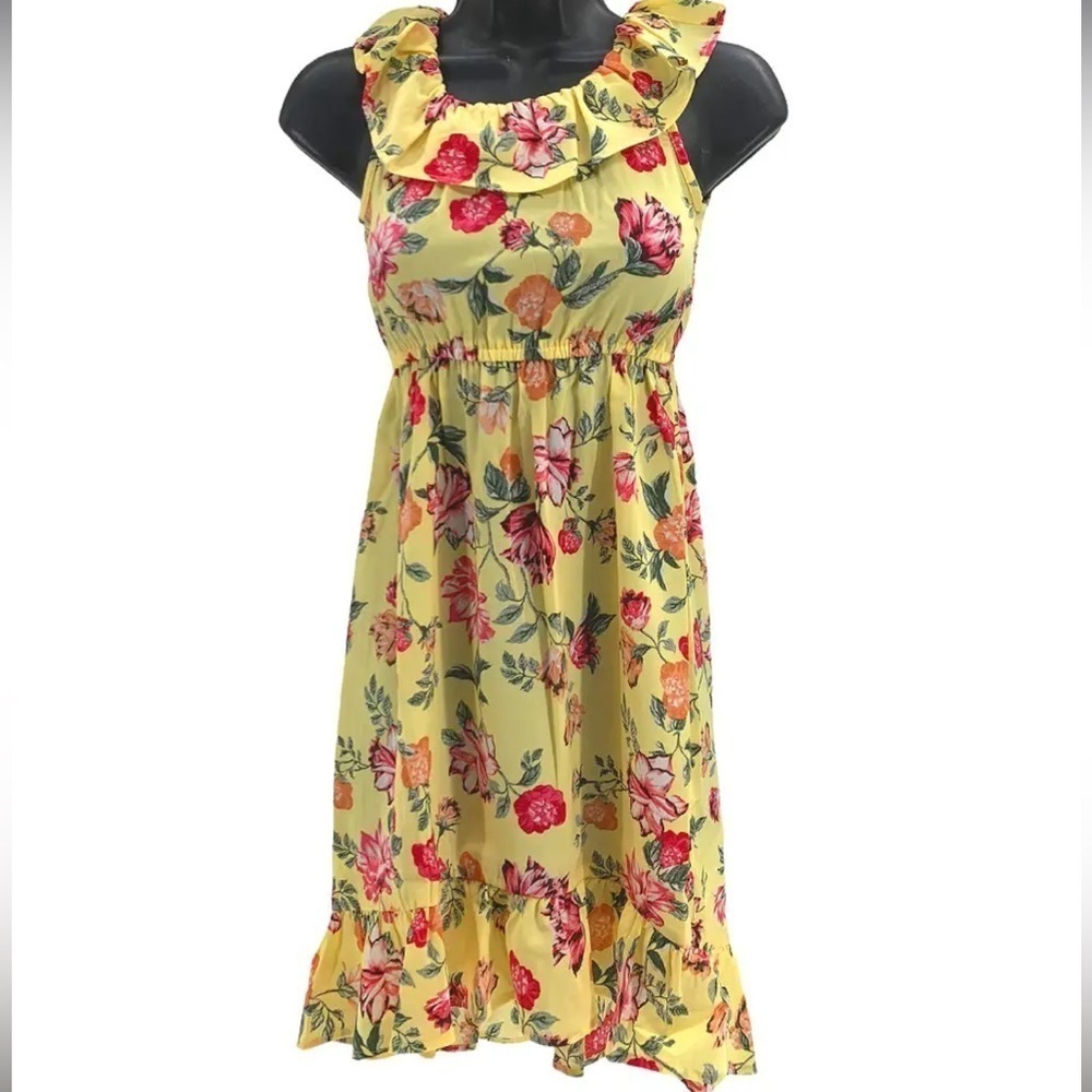 Charter Club floral print yellow sleeveless ruffle collar elastic waist dress L